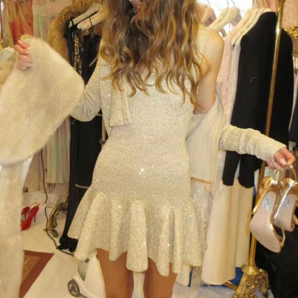 NWT LoveShackFancy Sarajane Sequin Stretch Knit Mini Dress Honey Gold Holiday - Picture 3 of 10